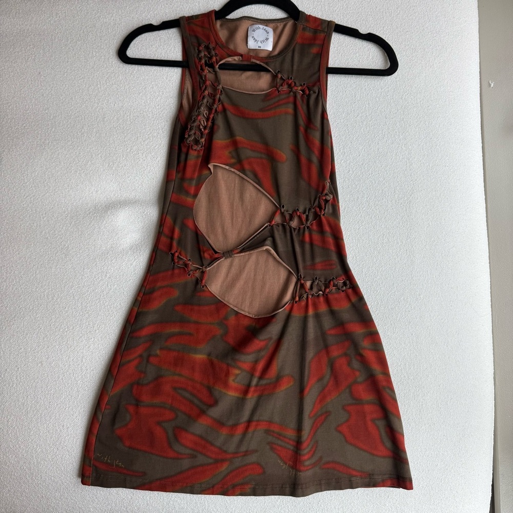 With Jean Brown and Red Cutout Mini Dress